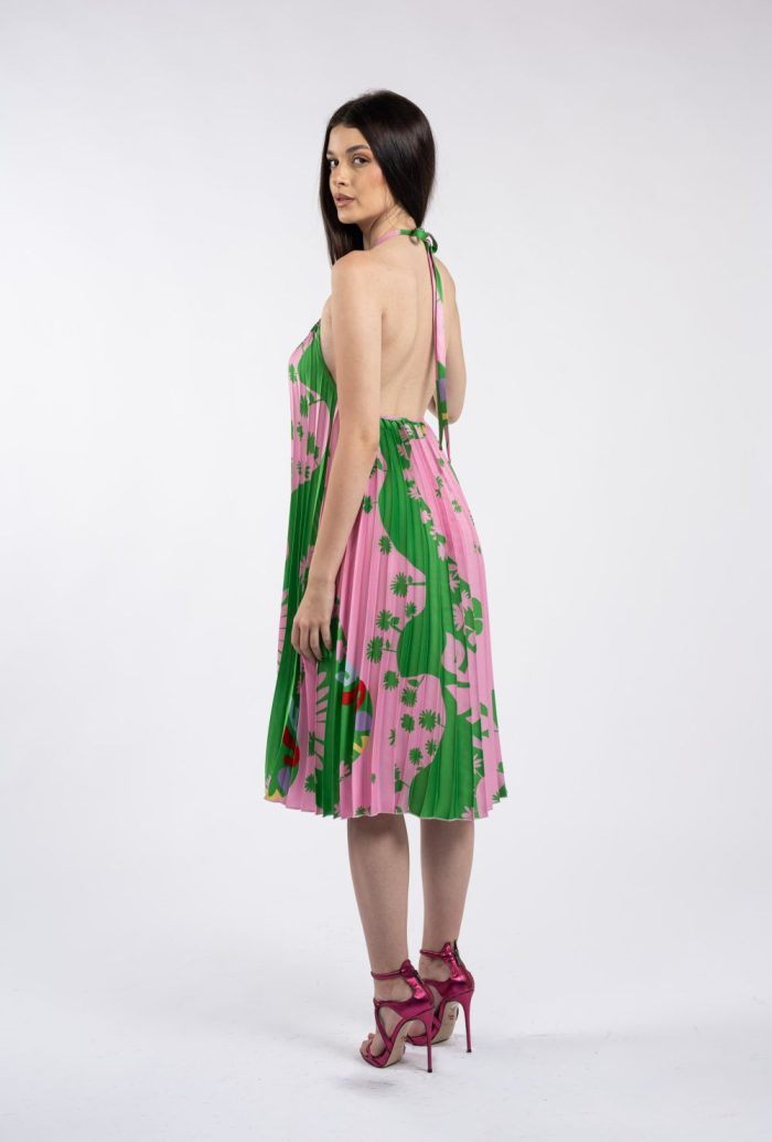 Rochie midi plisată roz și verde, cu imprimeu floral și decolteu halter - imagine 3