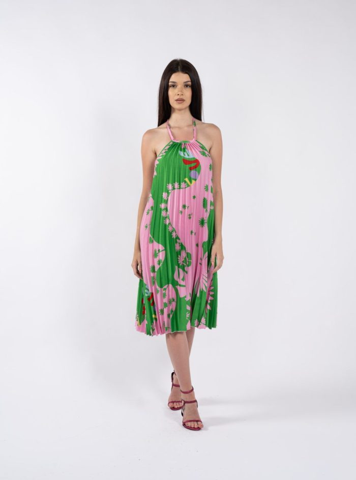 Rochie midi plisată roz și verde, cu imprimeu floral și decolteu halter - imagine 4