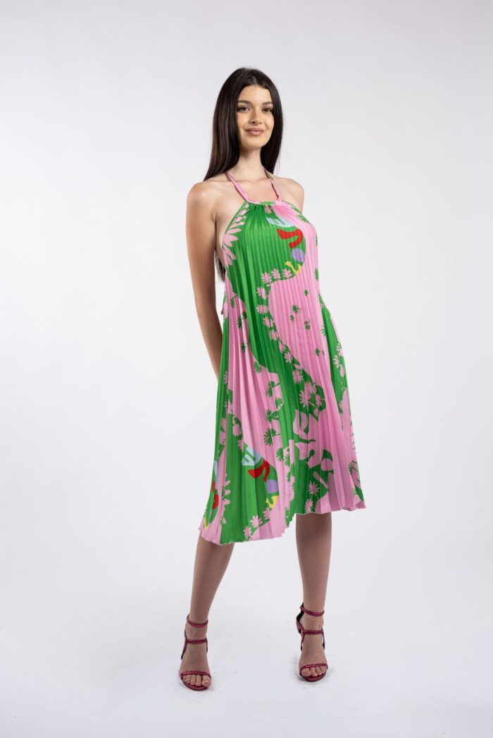 Rochie midi plisată roz și verde, cu imprimeu floral și decolteu halter - imagine 5