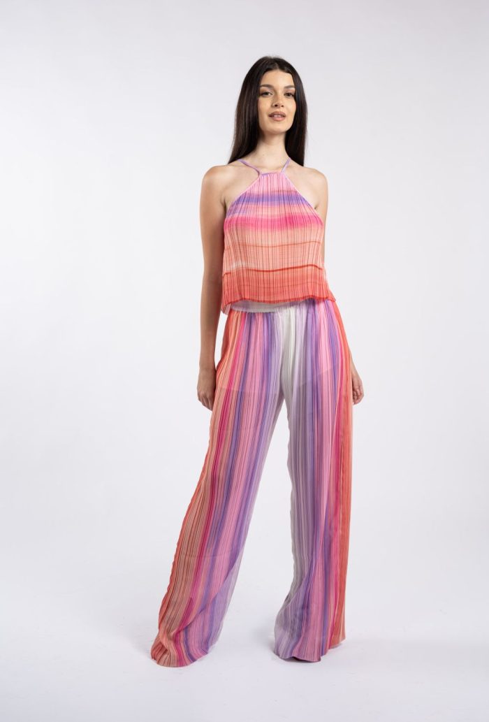 Pantaloni palazzo plisați, multicolori, în nuanțe de roz și lila - imagine 3