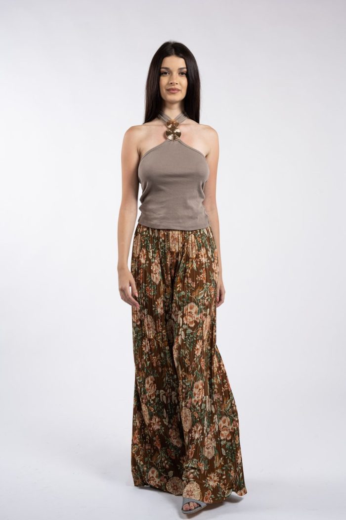 Pantaloni palazzo plisați, cu imprimeu floral în tonuri calde - imagine 4