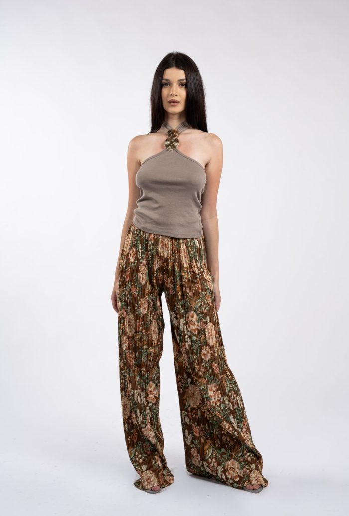 Pantaloni palazzo plisați, cu imprimeu floral în tonuri calde - imagine 3