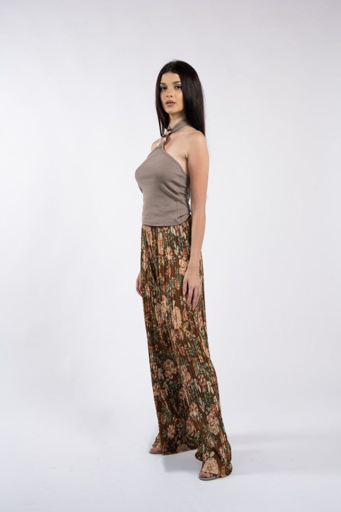 Pantaloni palazzo plisați, cu imprimeu floral în tonuri calde - imagine 2