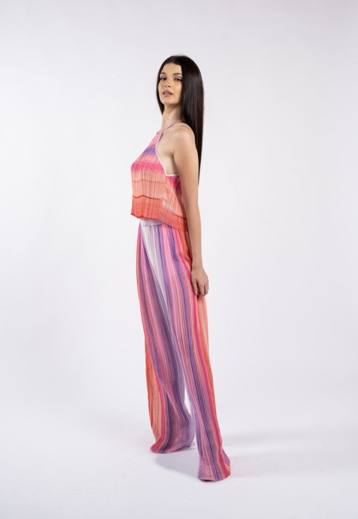 Pantaloni palazzo plisați, multicolori, în nuanțe de roz și lila - imagine 2