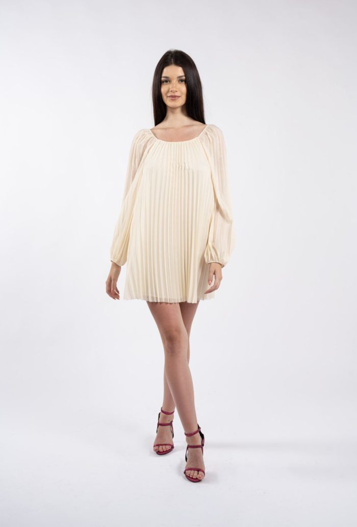 Rochie mini crem plisată, cu mâneci lungi ample - imagine 2