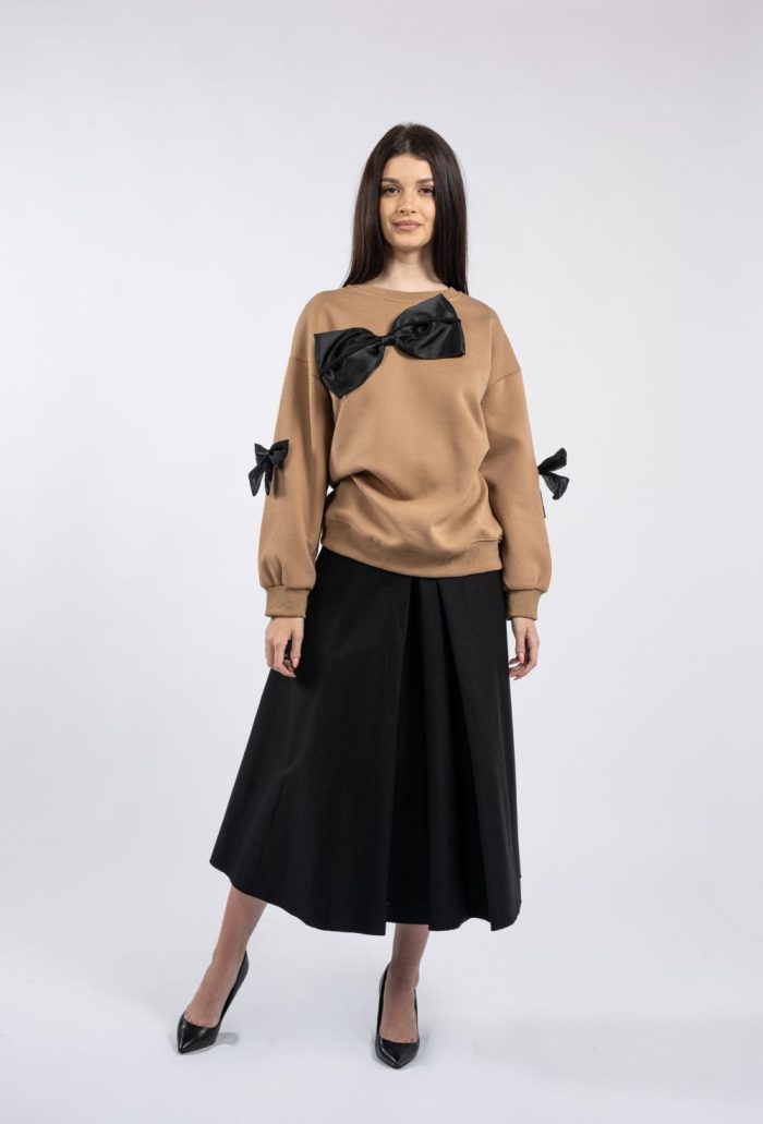 Bluză casual camel, cu funde negre decorative - imagine 3
