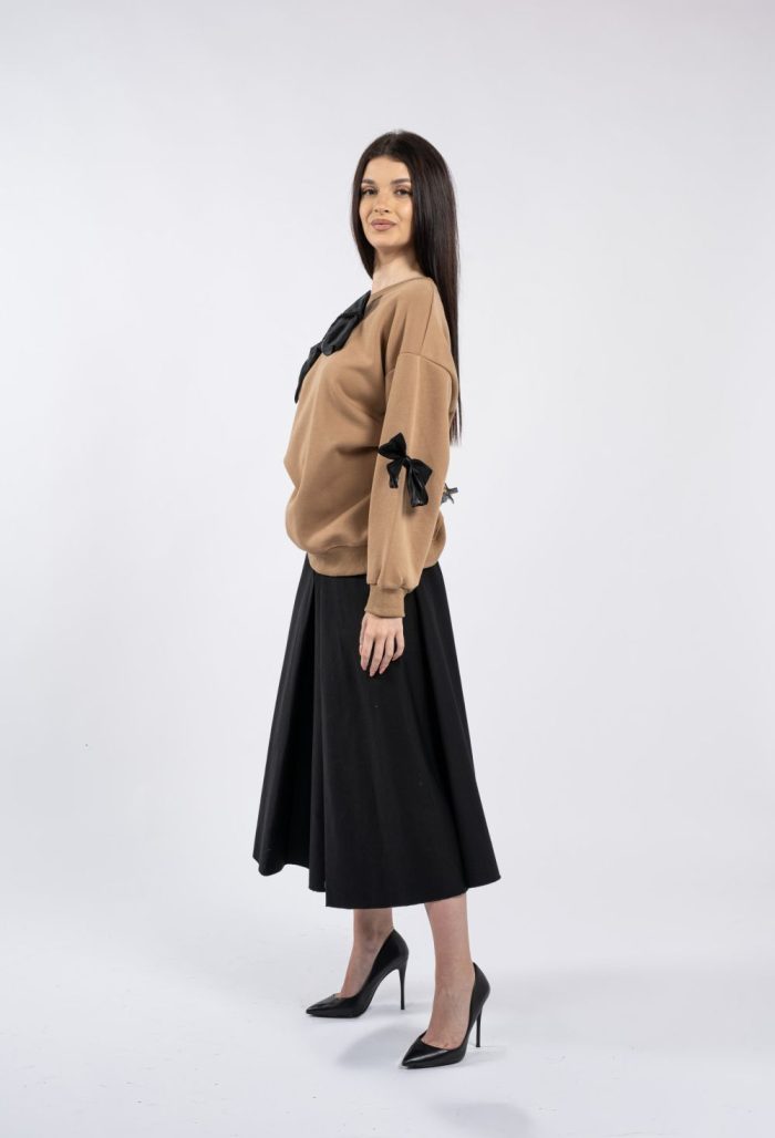Bluză casual camel, cu funde negre decorative - imagine 4