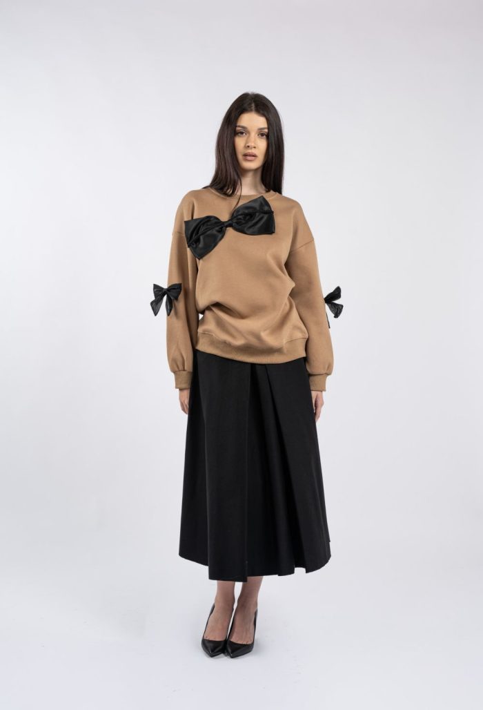 Bluză casual camel, cu funde negre decorative - imagine 5