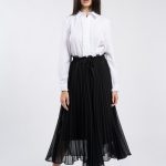 Fustă midi neagră plisată, cu șnur în talie