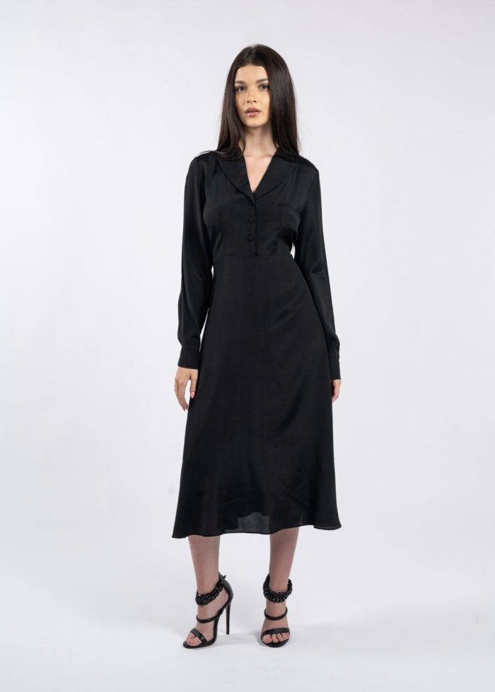 Rochie midi neagră cu guler cu revere și mâneci lungi - imagine 2