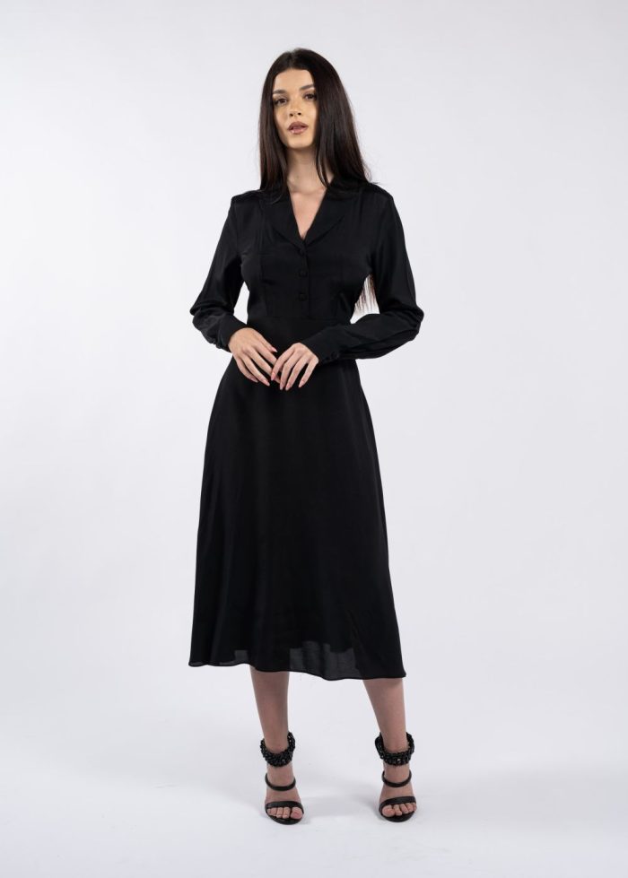Rochie midi neagră cu guler cu revere și mâneci lungi - imagine 3