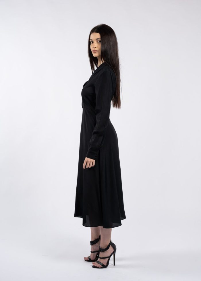 Rochie midi neagră cu guler cu revere și mâneci lungi - imagine 4