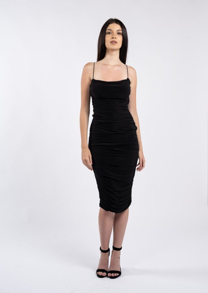 Rochie midi neagră mulată, cu drapaje și bretele fine - imagine 2