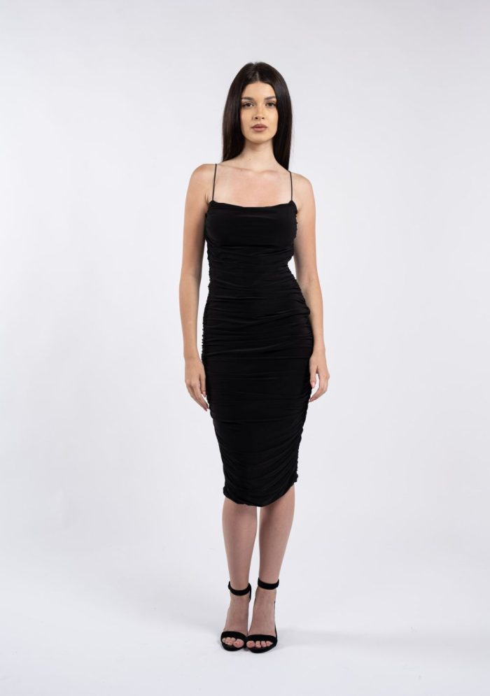Rochie midi neagră mulată, cu drapaje și bretele fine - imagine 3