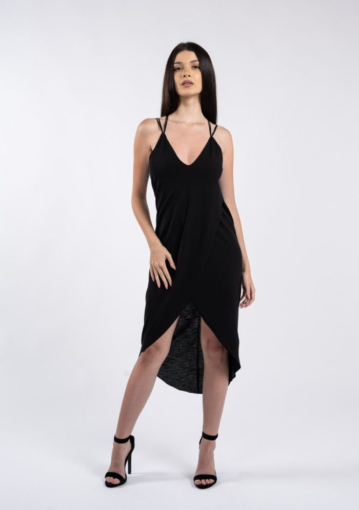 Rochie neagră asimetrică, cu bretele duble și efect petrecut - imagine 4