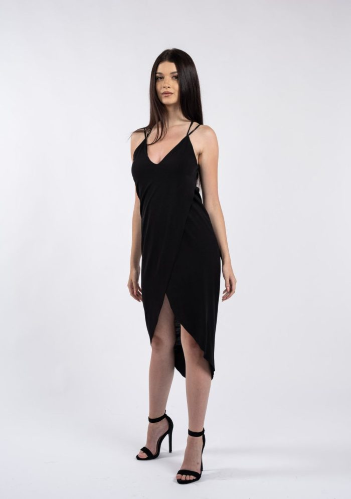 Rochie neagră asimetrică, cu bretele duble și efect petrecut - imagine 2