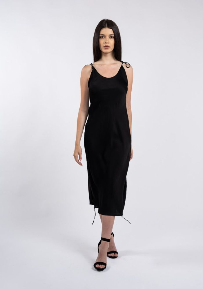 Rochie midi neagră cu decolteu rotund și bretele legate pe umeri - imagine 2