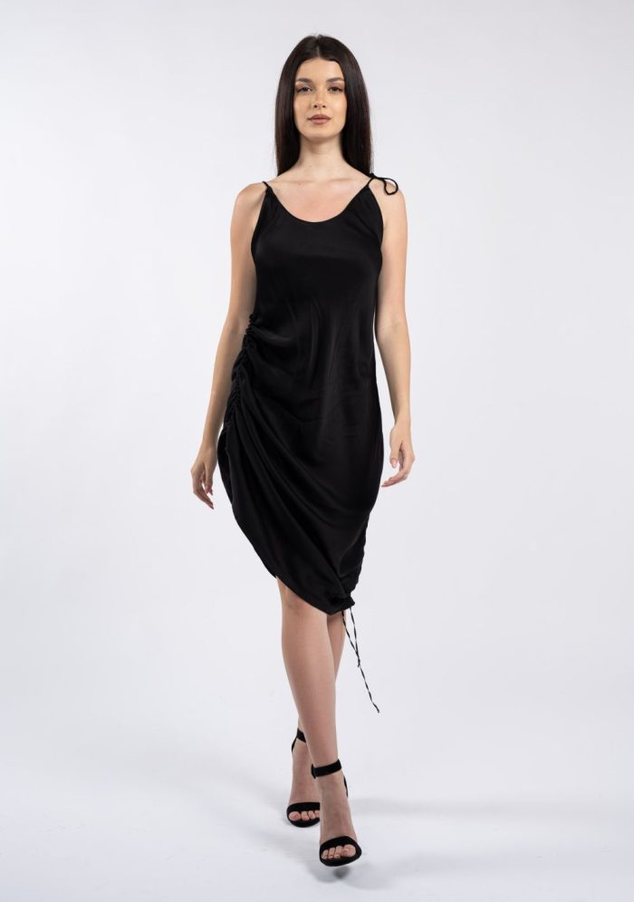 Rochie midi neagră cu decolteu rotund și bretele legate pe umeri - imagine 3